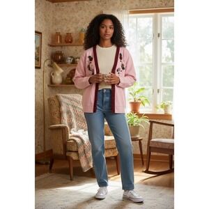 Handmade Grandmacore Cardigan Sweater crochet M Pink Floral Button comfycore